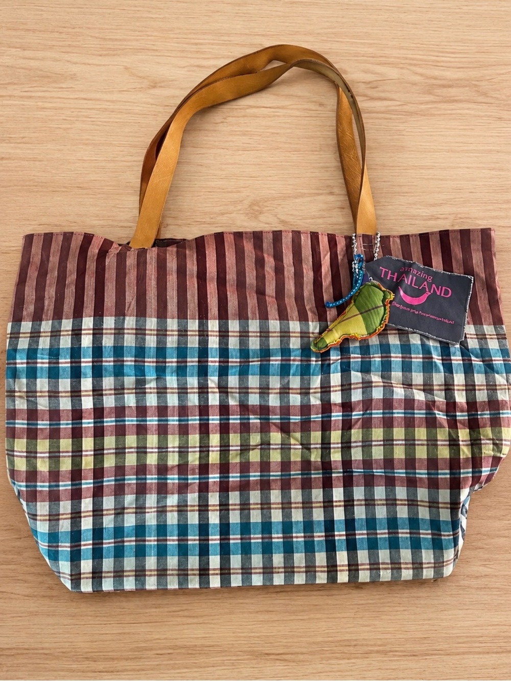 Thailand Plaid Big Tote Bag with Tan Leather Handles